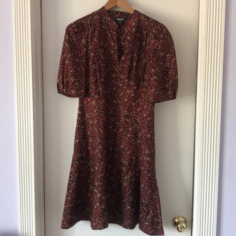 DKNY Fit and Flare Floral Silk Dress with Pockets